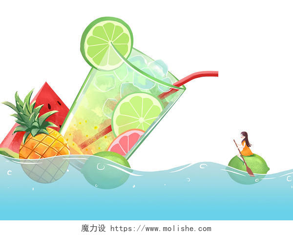 彩色手绘卡通创意小清新夏天饮料饮品水果元素PNG素材